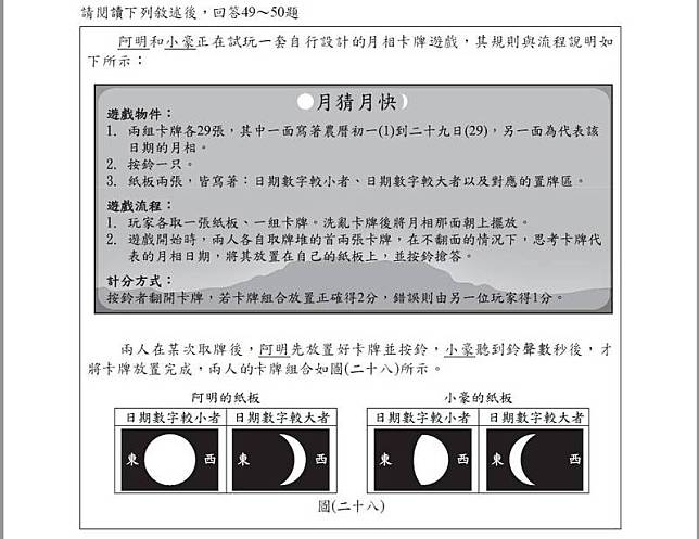 會考自然科第49題考將桌遊卡牌結合月相，教師認為此題考出真正解決生活情境，學生每天看月亮，卻鮮少注意弦月是東邊亮或西邊亮，分別對應不同日期，也與素養整合。(記者吳柏軒翻攝)