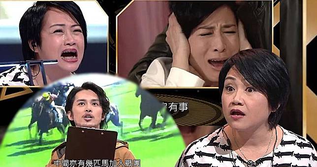 陳安瑩聲演佘詩曼在《使徒行者》中痛失母親一幕時聲淚俱下，配音技巧超班，但她的講馬技巧竟不敵何廣沛。（無綫電視網上視頻截圖 / 明報製圖）