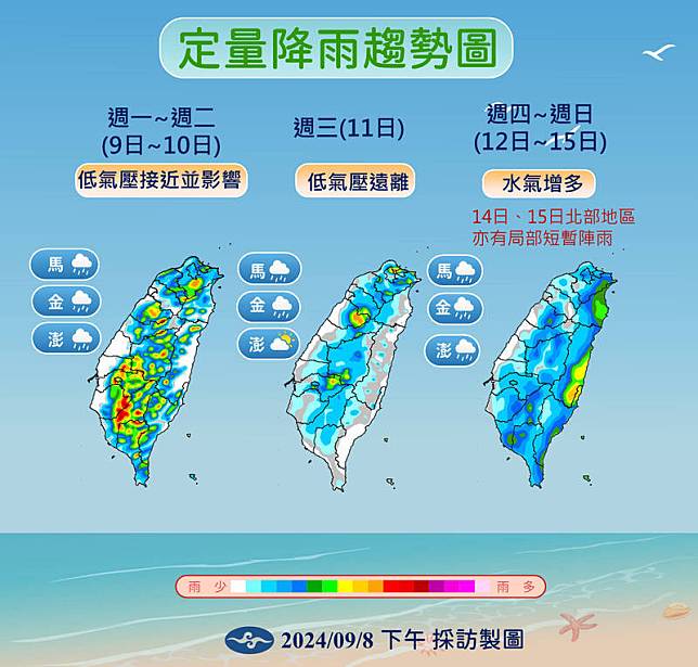 中央氣象署8日製圖說明未來一週定量降雨趨勢。(圖由中央氣象署提供)