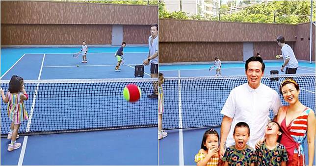 陳豪趁放假教3個仔女打網球，為他們拍照的陳茵媺差點被網球擊中。（陳茵媺Instagram圖片 / 明報製圖）