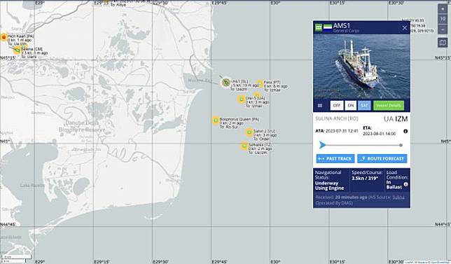 7 月 31 日一艘編號 Ams1 的船隻從以色列亞實突（Ashdod）出發直直通過遭俄羅斯封鎖的黑海航向烏克蘭。 圖：翻攝自推特@maria_drutska