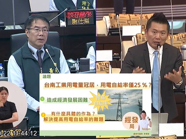 台南市長黃偉哲今詢答時說，「我們不缺電」這5個字，他絕對不敢講。（圖：臺南市議會直播YouTube）