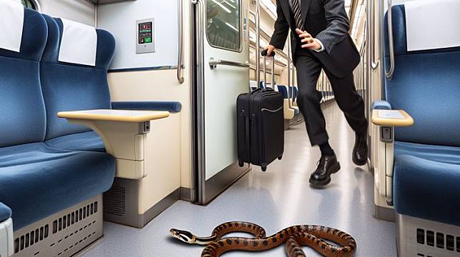 一條蛇出現在日本一班從名古屋出發，開往東京站的新幹線列車上。AI生成示意圖。