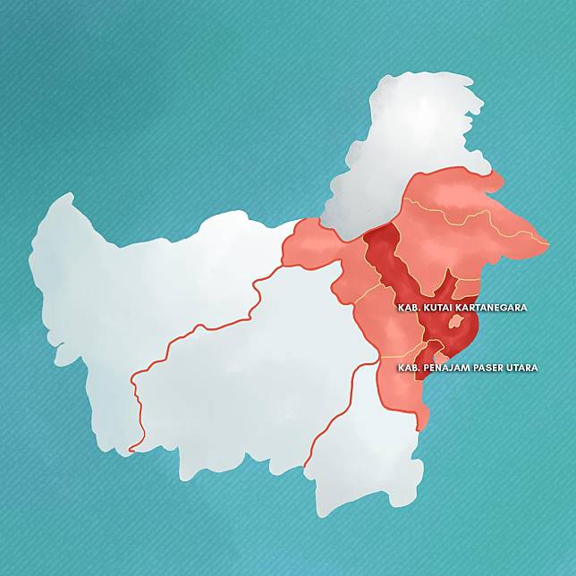 東加里曼丹省（淺紅色區域）、以及North Penajam Pasar和Kutai Kartanegara兩區域位置圖，新首都預定地則位於區域交界處。圖片來源：佐科威推特