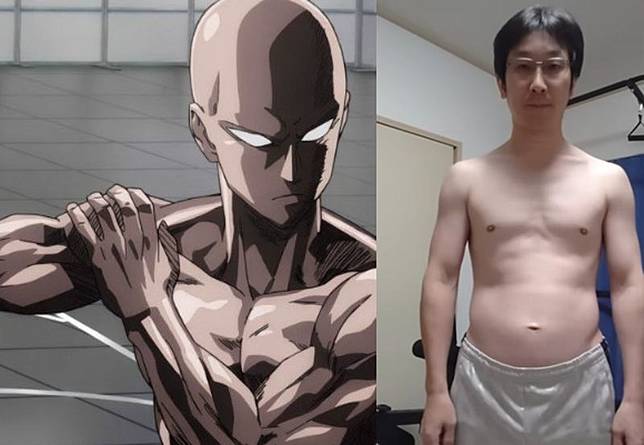 Tasuke實測動漫《一拳超人》主角埼玉的訓練菜單，結果身材大轉變。（翻攝X@laobaishare、YT@tasuke challenge Hero Name【中年野良トレーニー】）