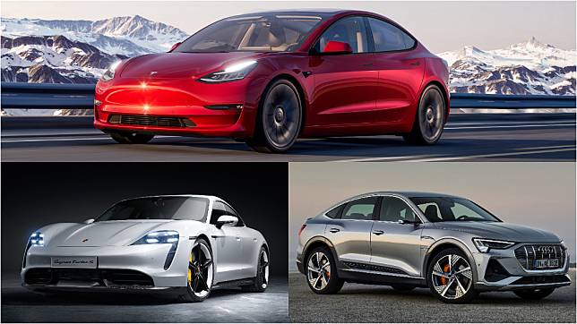 Model 3重返電動車掛牌數月冠軍。(圖片來源/ Audi、Porsche、Tesla)