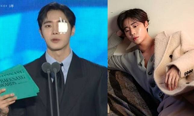 南韓新生代男星秋泳愚昨出席第62屆百想藝術大賞，被發現左眼貼著顯眼的繃帶，引發全場與網路粉絲高度關注。（翻攝自NAVER、instagram/cu.young）