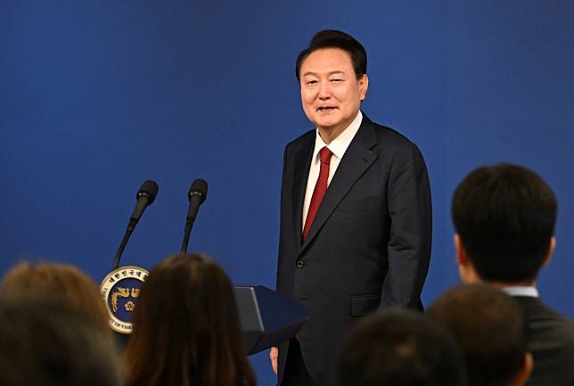 2024年5月9日，南韓總統尹錫悅在龍山總統府出席就職兩週年記者會。路透社