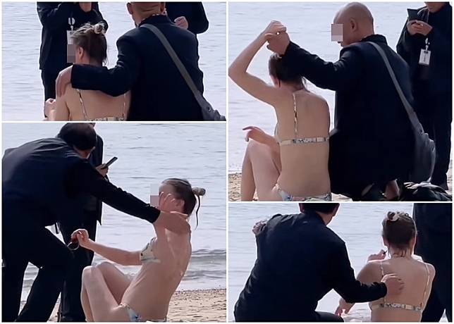 網上影片顯示一名外籍女子遭兩名男子先後強行搭膊合照。