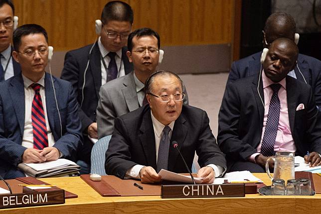 Chinese envoy Zhang Jun addresses the UN Security Council meeting on Thursday. Photo: EPA-EFE