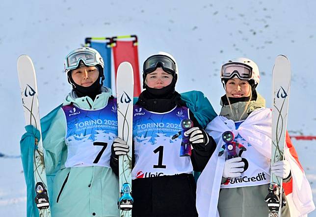 Kazakh teammates Anastassiya Gorodko (gold) and Ayaulym Amrenova (silver) share the podium with Japan's Marin Ito (bronze).