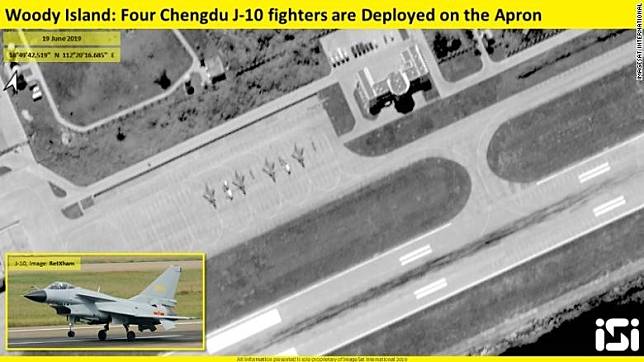 CNN報導「國際衛星影像」公司(ImageSat International)19日拍攝的衛星照片顯示，永興島上已經部署4架中國「殲—10」戰鬥機。(圖取自CNN.com網站)