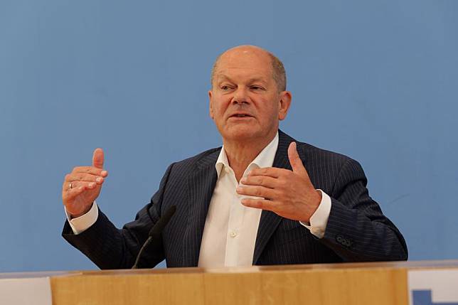 German Chancellor Olaf Scholz speaks at a press conference in Berlin, Germany, on July 24, 2024. (Xinhua/Li Hanlin)