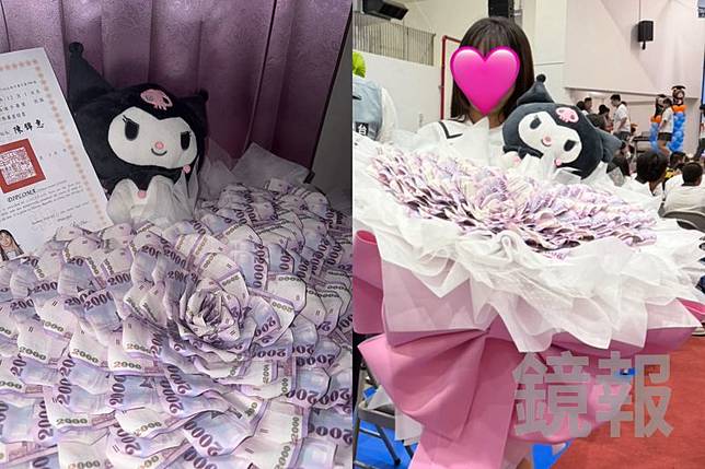 廖姓女國中生收到一束由88張2000元鈔票打造的「有錢花」現金花束，總額高達17.6萬元，成為媽媽對她最衷心的畢業祝福與期待。畫面授權threads lfouiku_1201