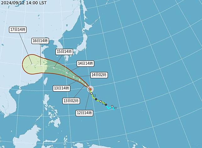 氣象署指出，颱風貝碧佳預估15日及16日最接近臺灣，對臺灣直接影響的機率不大。（氣象署提供）