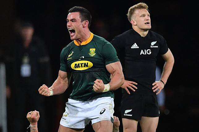 South Africa’s Jesse Kriel celebrates victory during the Rugby Championship match between the New Zealand All Blacks and South Africa at Westpac Stadium in Wellington in September of 2018. Photo: AFP