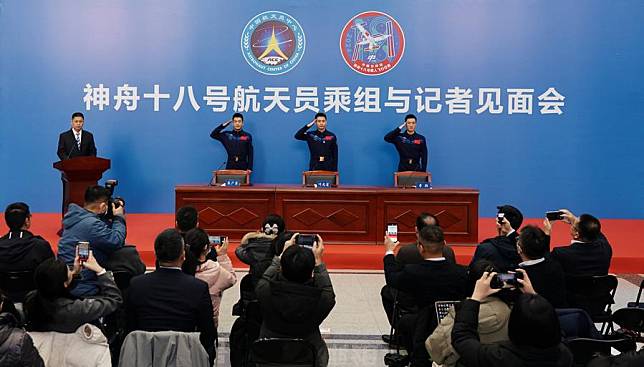 Astronauts Ye Guangfu (2nd R), Li Cong (1st R) and Li Guangsu (3rd R) from China's Shenzhou-18 crewed mission meet with the press in Beijing, capital of China, Jan. 8, 2025. (Photo by Su Dong/Xinhua)