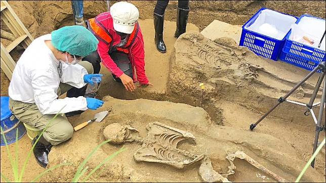 嘉義市區鐵路高架化施工，發現2700到2500年前的史前遺址，昨其中2具遺骸出土。(記者王善嬿攝)