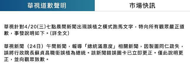 針對誤植蘇貞昌為總統一事，華視今再度發出道歉啟事。（翻攝自華視官網）