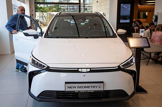 This photo taken on June 21, 2023 shows Geely's electric vehicle model Geometry C in Tel Aviv, Israel. (Xinhua/Chen Junqing)