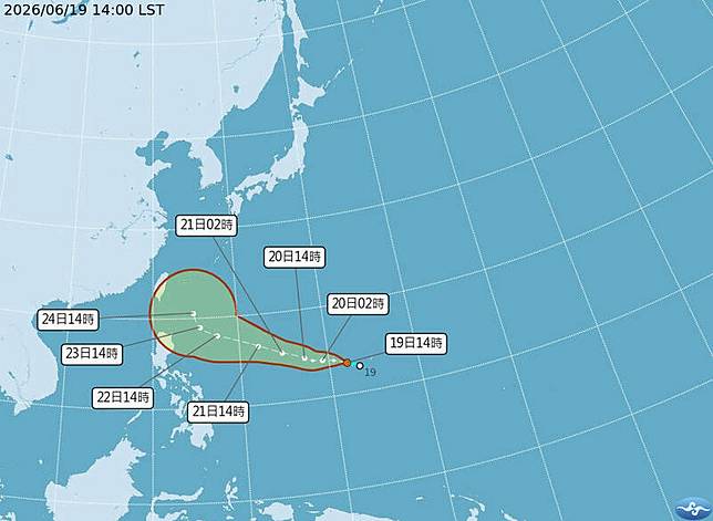 熱帶性低氣壓TD07路徑潛勢圖。(氣象署提供)