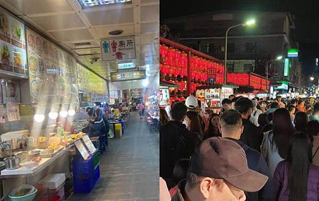 網傳士林夜市地下美食街冷清，民進黨立委何志偉昨PO出士林夜市人潮擁擠照片。（合成圖／摘自《爆廢1公社》、何志偉臉書）