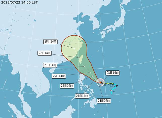 今年第五號颱風杜蘇芮今(23)日14時的中心位置在北緯 14.9 度，東經 128.3 度，以每小時10公里速度，向西北西進行。 圖：翻攝自中央氣象局