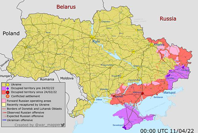 專門製作烏俄戰爭地圖的推特用戶Ukraine War Map製作了最新戰況圖。(圖擷取自@War_Mapper 推特)