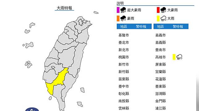 氣象局發布大雨特報。（圖／氣象局）