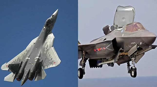 俄羅斯 Su-57（圖左）和美國 F-35（圖右）。 圖：翻攝自 Sputnik India X 帳號