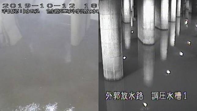 地下神殿防洪設施於12日晚間6時左右，引入水量情況。圖／翻攝自日本國土交通省關東地方整備局官網