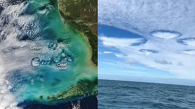 墨西哥灣（Gulf of Mexico）上空出現「穿洞雲」（hole punch cloud）。（圖／翻攝自《每日郵報》）