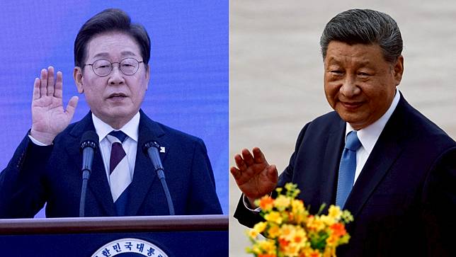 中國國家主席習近平（右）6月4日向南韓新總統李在明發賀電。路透社