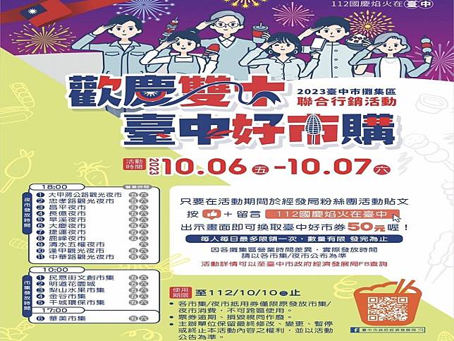 搭配112國慶焰火在台中，市府經發局結合商圈夜市推出萬份好市券、限量夜市美食兌換券，共襄盛舉。（圖：中市府提供）