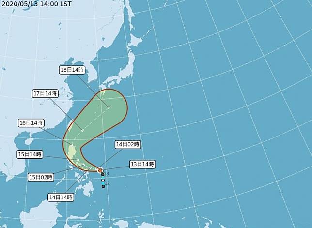 中央氣象局公布黃蜂颱風最新預測路徑，極可能從東南部外海掠過。(取自中央氣象局)