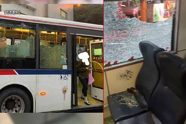 這輛公車由淡水站開往淡江大學過程中轉彎時撞到，右側車窗玻璃接連碎裂，不過司機沒處理，照常開往終點站。(民眾提供；本報合成)