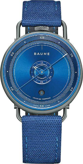 滾花槽紋表冠——Baume & Mercier Baume系列Ocean II腕表的藍色設計讓人聯想到大海，滾花槽紋表冠設於12時位置，小時盤縮小在腕表正中，日期視窗設於6時位置。$13,300（品牌提供）