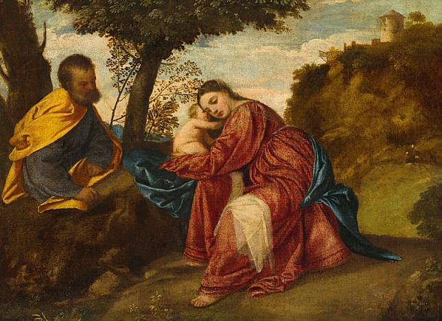 義大利文藝復興時期大師提香的畫作《逃往埃及途中的休息》，失竊後在英國倫敦公車站被尋回，拍賣估價最高達2500萬英鎊。(圖擷自佳士得官網)