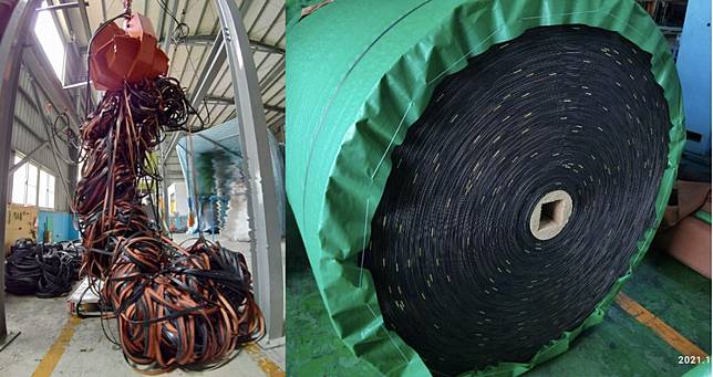 （圖左）橡膠輸送帶的邊料廢棄物，可透過新技術再進入產線中。 （圖右）添加再生膠的橡膠輸送帶，頗受歐美客戶好評。 圖片來源：吳志宏博士提供