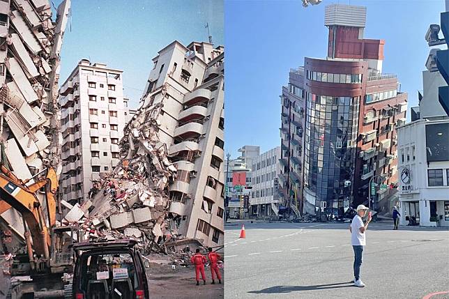 集集大地震造成2415人死亡，至少1萬1305人受傷。25年後，4月3日生花蓮地震（右）釀9死821人傷。（合成畫面／維基百科、內政部提供）