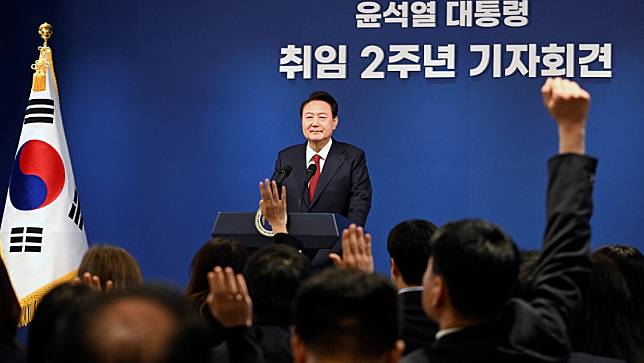 2024年5月9日，南韓總統尹錫悅在龍山總統府出席就職兩週年記者會。路透社