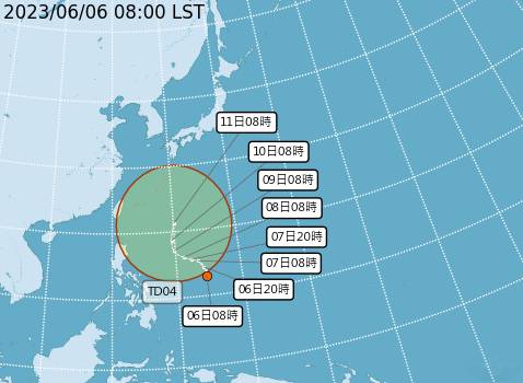 目前菲律賓東南方海面有一個熱帶性低氣壓，預計最快今(6)晚形成今年第3號颱風「谷超」。 圖：取自中央氣象局網站