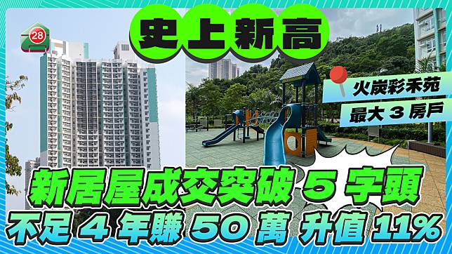 創史上新高｜新居屋火炭彩禾苑成交突破5字頭 不足4年賺50萬 升值11%