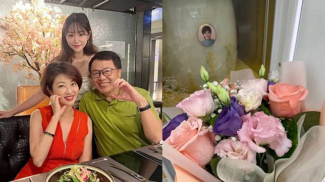 吳中純（左）去年和老公梅聖旻、女兒梅嬿翎共度生日，今年場景換成梅聖旻父女到她靈前獻花，令人鼻酸。翻攝吳中純臉書