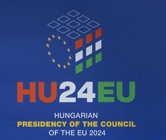 A backdrop at an informal European Council meeting on Nov. 8, 2024, in Budapest, shows Hungarian presidency of the European Council 2024. (Photo by Attila Volgyi/Xinhua)