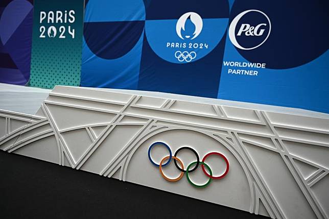 Photo taken on May 23, 2024 shows the details of the Paris 2024 podium during an unveiling ceremony of the podiums of the Paris 2024 Olympics and Paralympics held in Saint Denis, near Paris, France. (Photo by Julien Mattia/Xinhua)