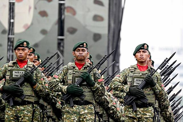 The Indonesian National Army (TNI) participate in a military parade rehearsal of the 79th anniversary of the TNI at Monument National in Jakarta, Indonesia, on Oct. 3, 2024. (Xinhua/Agung Kuncahya B.)