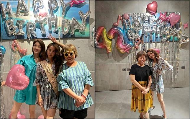 慶生派對上蔡依林換了一身短洋裝應景地戴上生日墨鏡和背帶，與姊姊、媽媽一起開心慶祝42歲生日。（翻攝蔡依林IG）