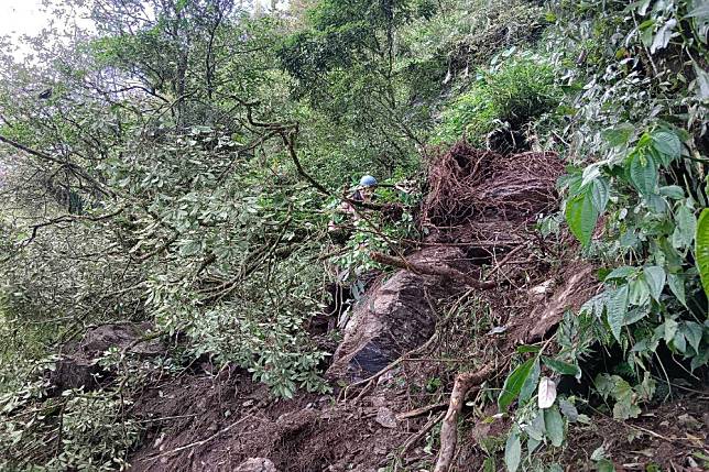 北大武山步道約1.6k處上邊坡再次坍塌，預計10月16日再重新開放。（林業及自然保育署屏東分署提供）