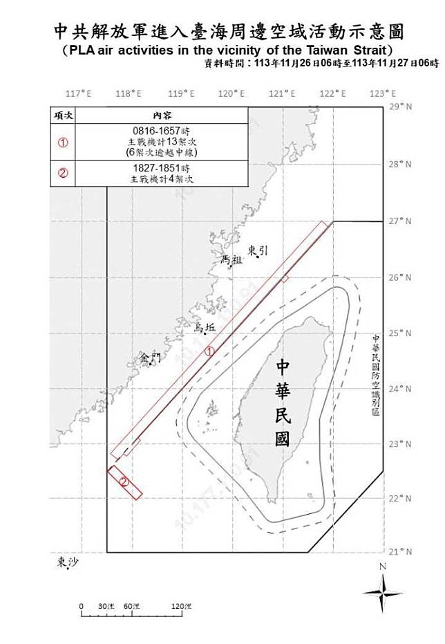 中共解放軍進入臺海周邊空域活動示意圖。（國防部提供）